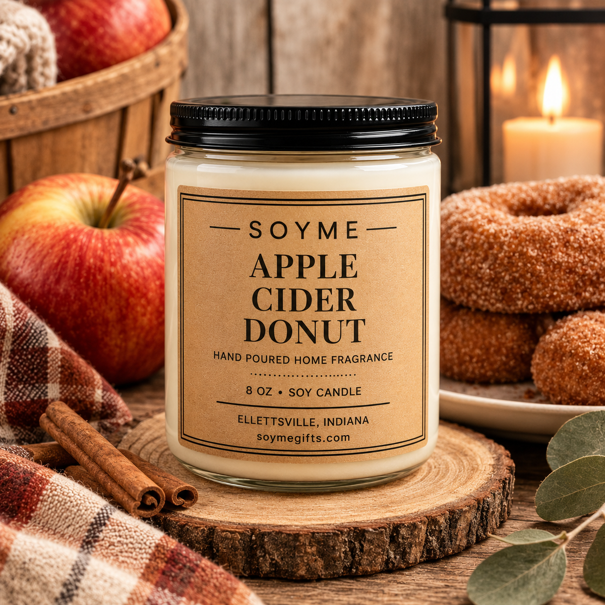 Soyme Apple Cider Donut hand-poured soy candle with apples, cinnamon sticks and donuts